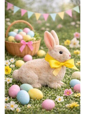 Vintage Flocked Easter Bunny Rabbit Yellow Ribbon 8" Decor Spring Display Worn